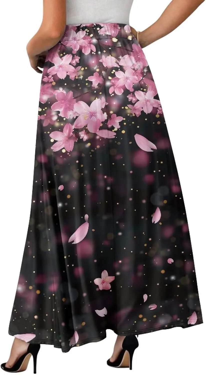 Pleated Skirt for Women Plus Size Casual High Waisted Skirt with Pockets Lightweight A-Line Long Length Skirt S-2XL