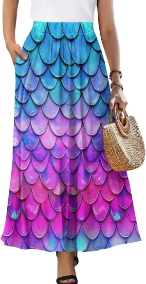 Pleated Skirt for Women Plus Size Casual High Waisted Skirt with Pockets Lightweight A-Line Long Length Skirt S-2XL