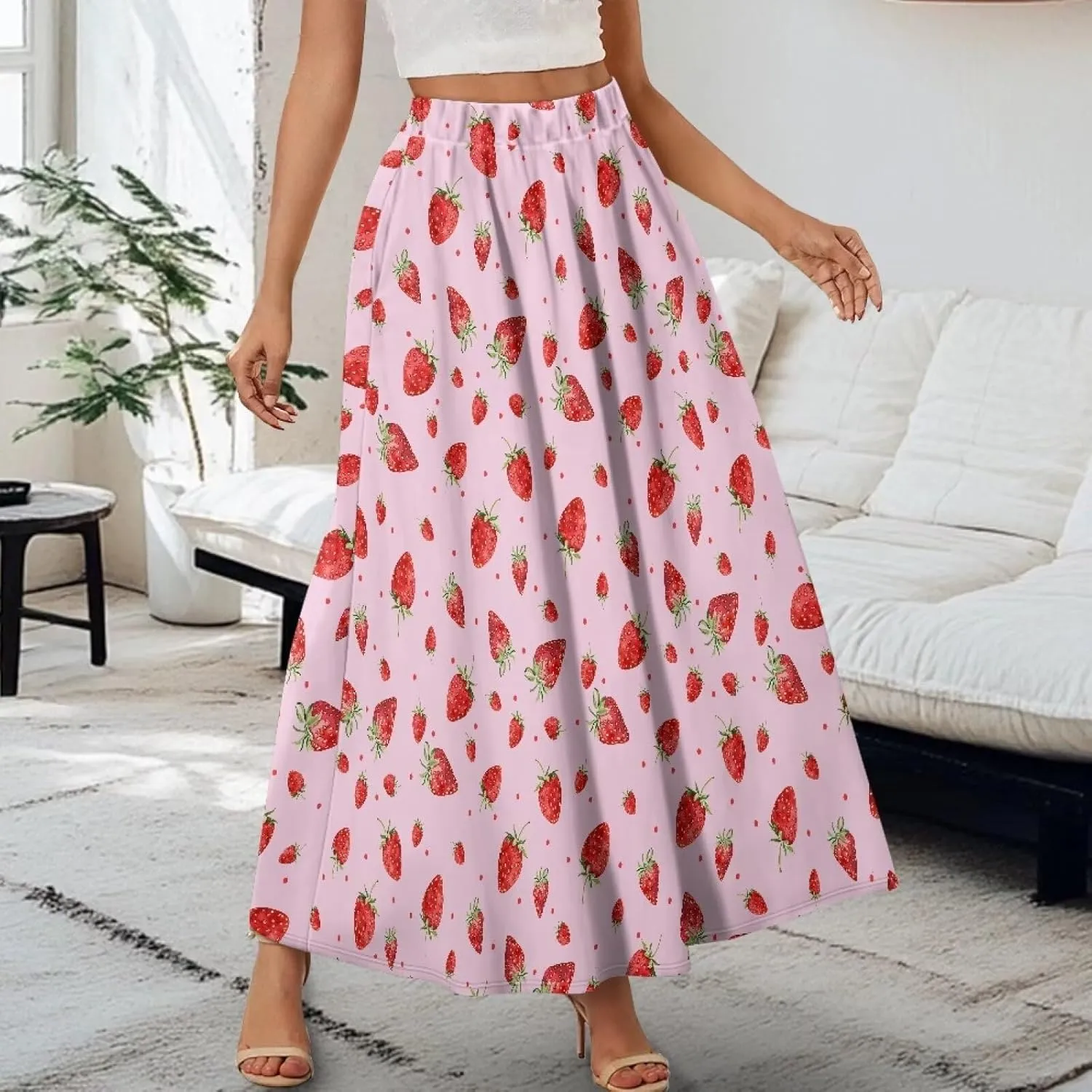 Pleated Skirt for Women Plus Size Casual High Waisted Skirt with Pockets Lightweight A-Line Long Length Skirt S-2XL