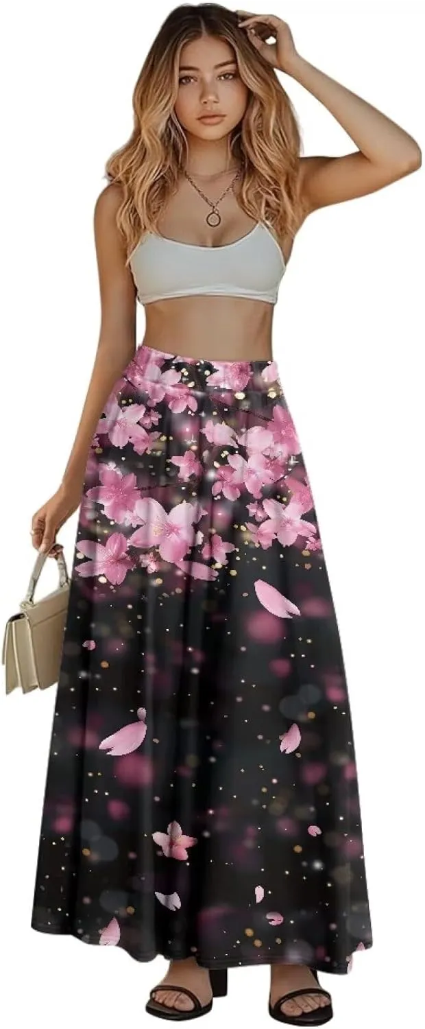 Pleated Skirt for Women Plus Size Casual High Waisted Skirt with Pockets Lightweight A-Line Long Length Skirt S-2XL