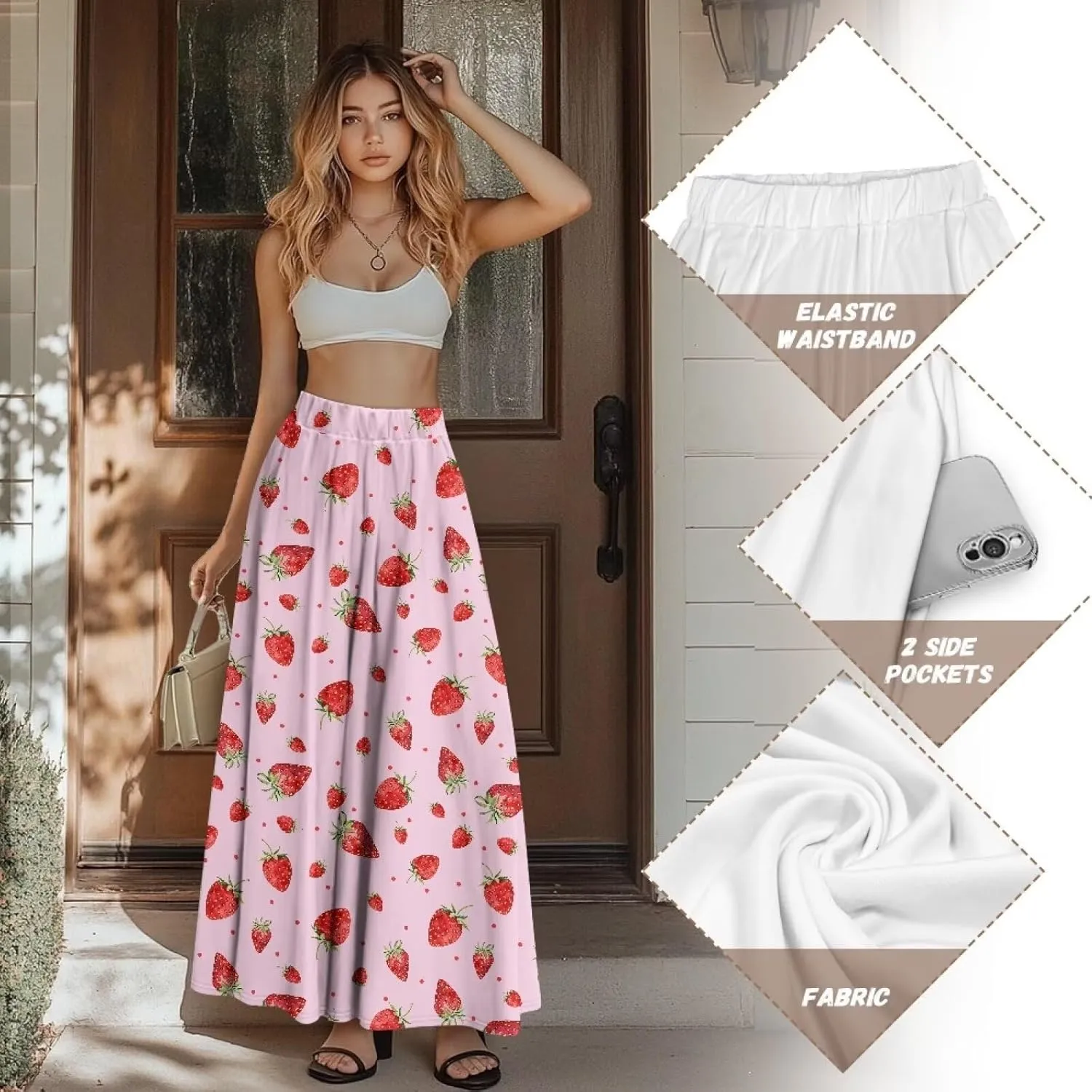 Pleated Skirt for Women Plus Size Casual High Waisted Skirt with Pockets Lightweight A-Line Long Length Skirt S-2XL