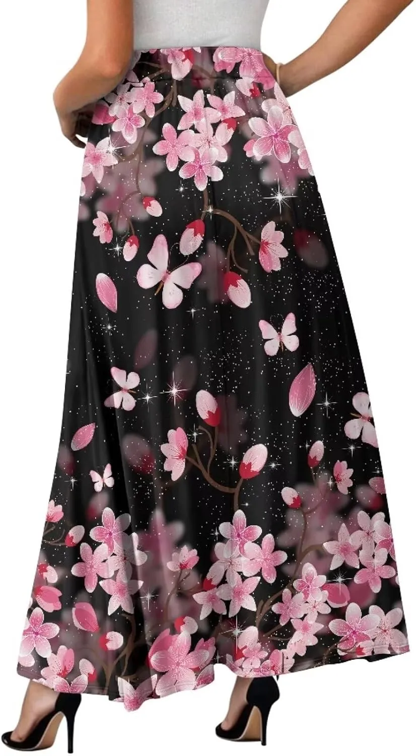 Pleated Skirt for Women Plus Size Casual High Waisted Skirt with Pockets Lightweight A-Line Long Length Skirt S-2XL