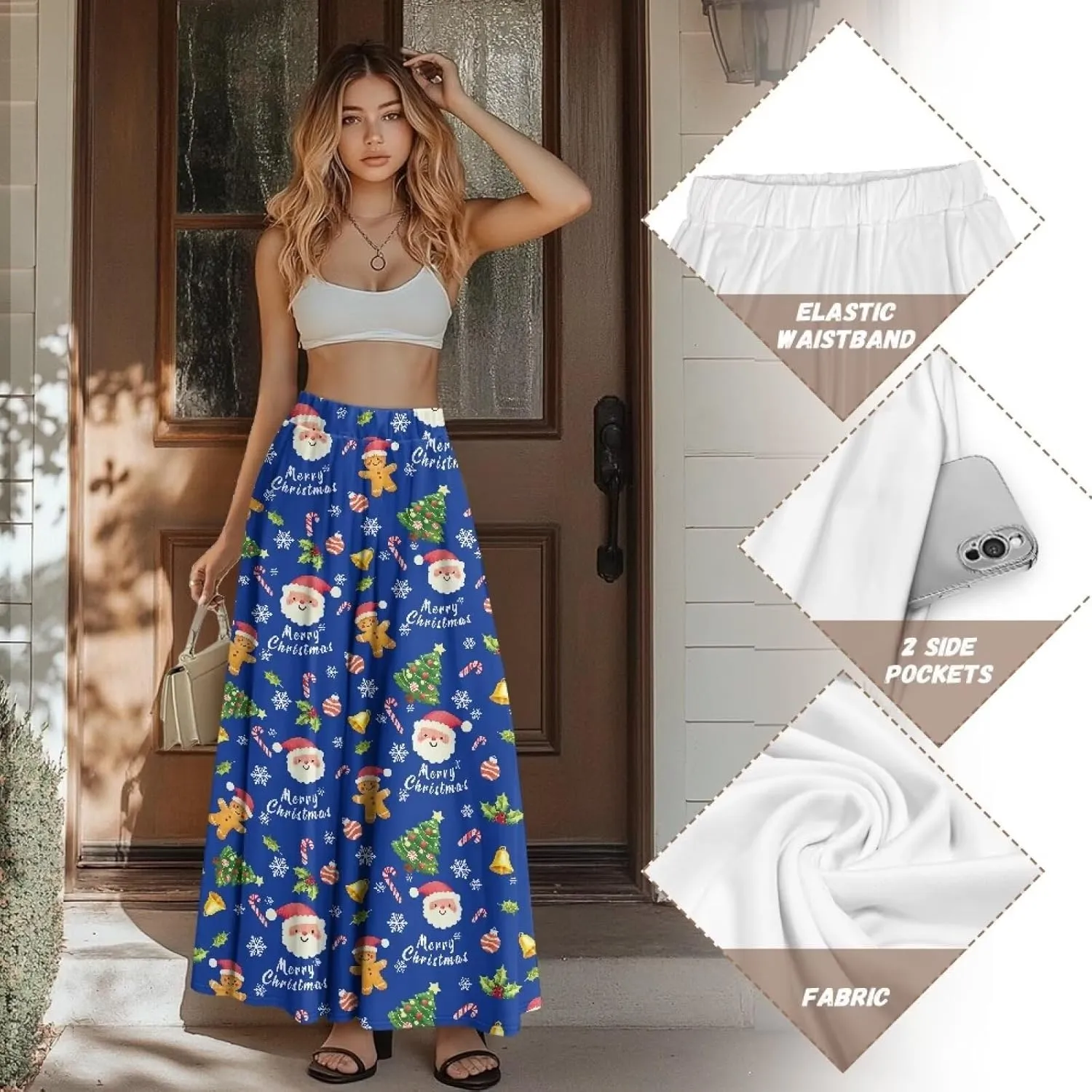 Pleated Skirt for Women Plus Size Casual High Waisted Skirt with Pockets Lightweight A-Line Long Length Skirt S-2XL