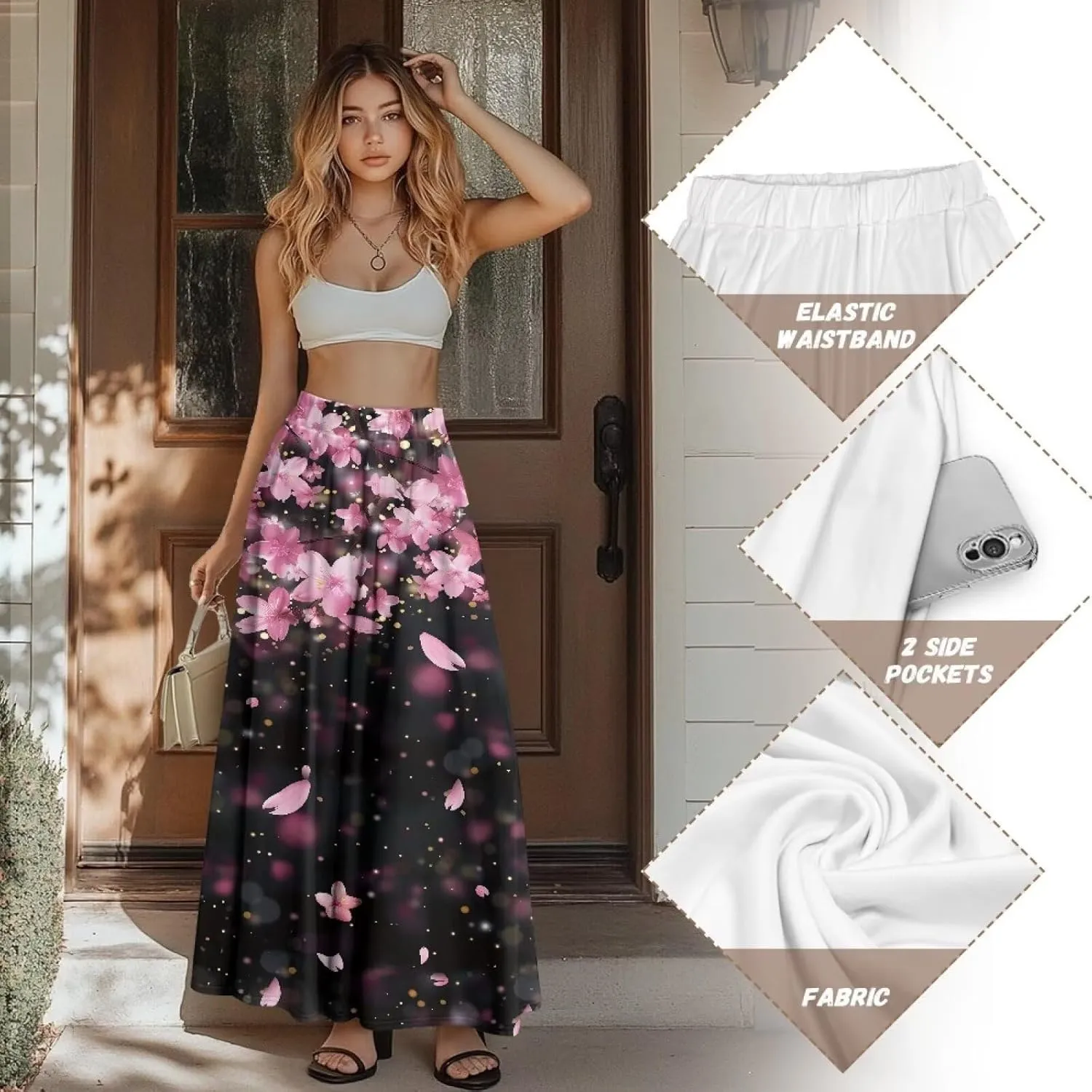 Pleated Skirt for Women Plus Size Casual High Waisted Skirt with Pockets Lightweight A-Line Long Length Skirt S-2XL