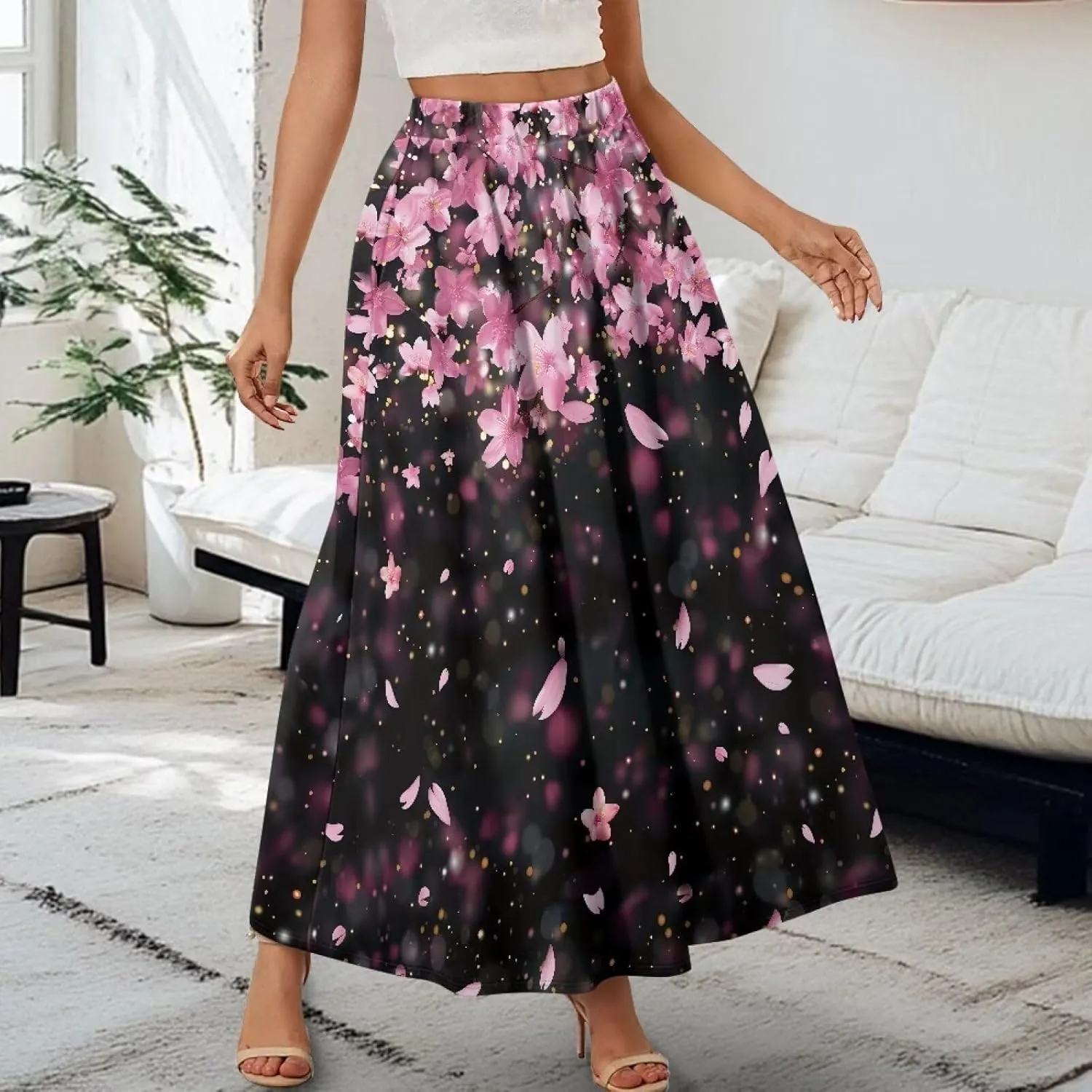 Pleated Skirt for Women Plus Size Casual High Waisted Skirt with Pockets Lightweight A-Line Long Length Skirt S-2XL