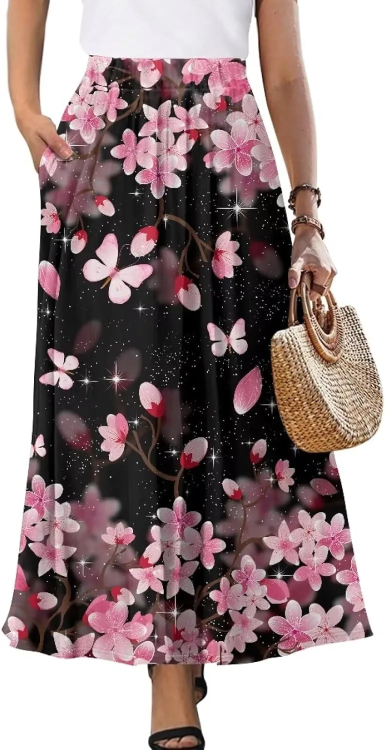 Pleated Skirt for Women Plus Size Casual High Waisted Skirt with Pockets Lightweight A-Line Long Length Skirt S-2XL