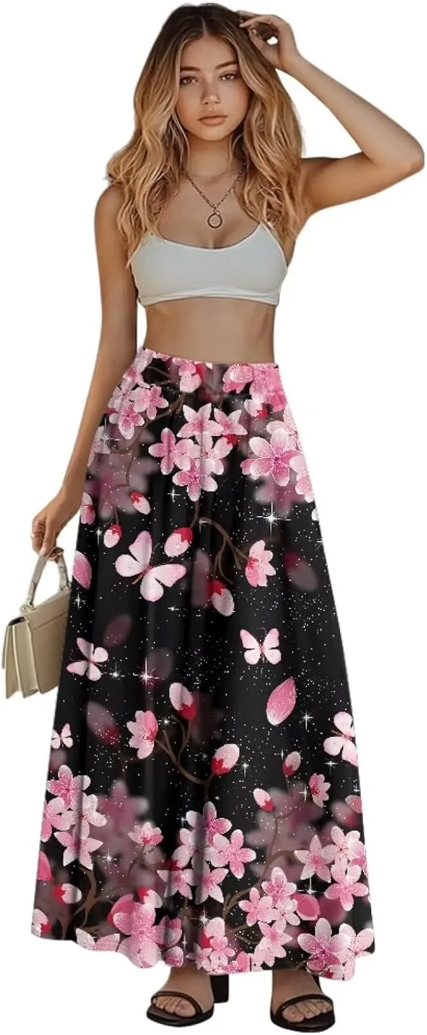 Pleated Skirt for Women Plus Size Casual High Waisted Skirt with Pockets Lightweight A-Line Long Length Skirt S-2XL