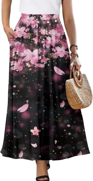 Pleated Skirt for Women Plus Size Casual High Waisted Skirt with Pockets Lightweight A-Line Long Length Skirt S-2XL