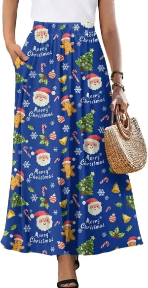 Pleated Skirt for Women Plus Size Casual High Waisted Skirt with Pockets Lightweight A-Line Long Length Skirt S-2XL
