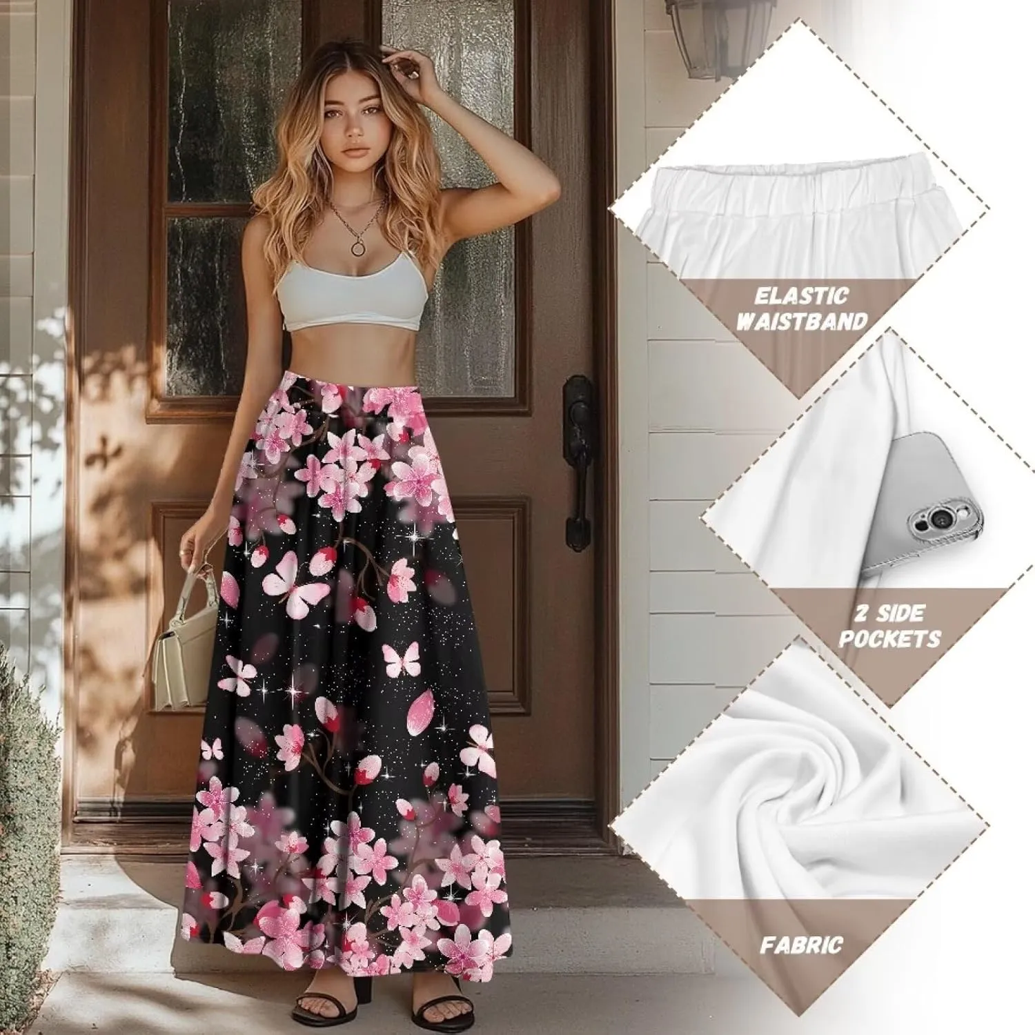 Pleated Skirt for Women Plus Size Casual High Waisted Skirt with Pockets Lightweight A-Line Long Length Skirt S-2XL