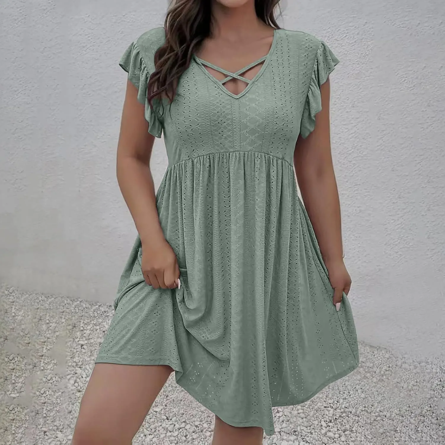 Plus Size Dresses for Women Summer Ruffle Cap Sleeve Cross V Neck Embroidered Eyelet Pleated A Line Knee Length Dress
