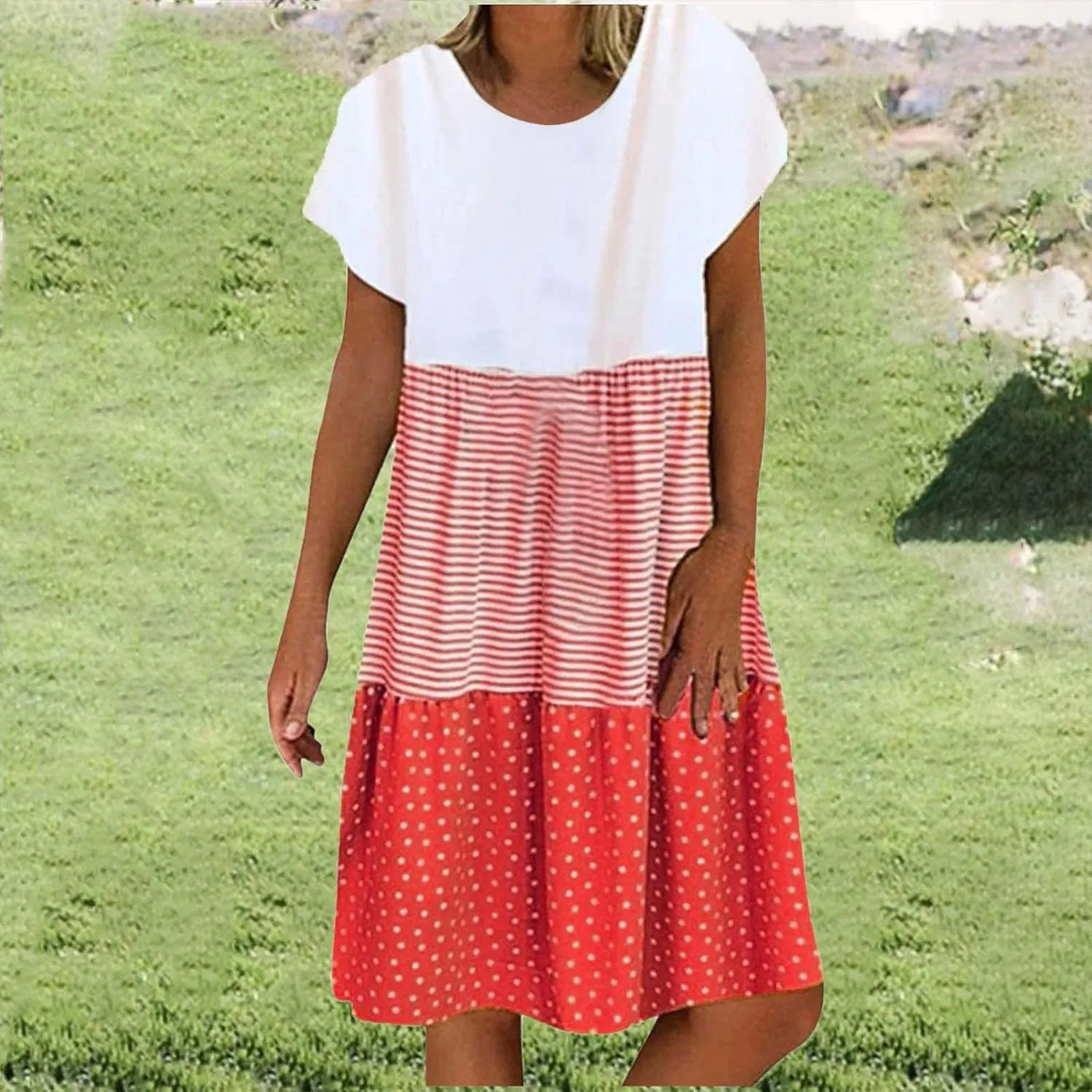 Plus Size Summer Dresses for Women 2024 Tiered Color Block Stripe Shift Dress Swing Casual Flowy Midi Sundresses