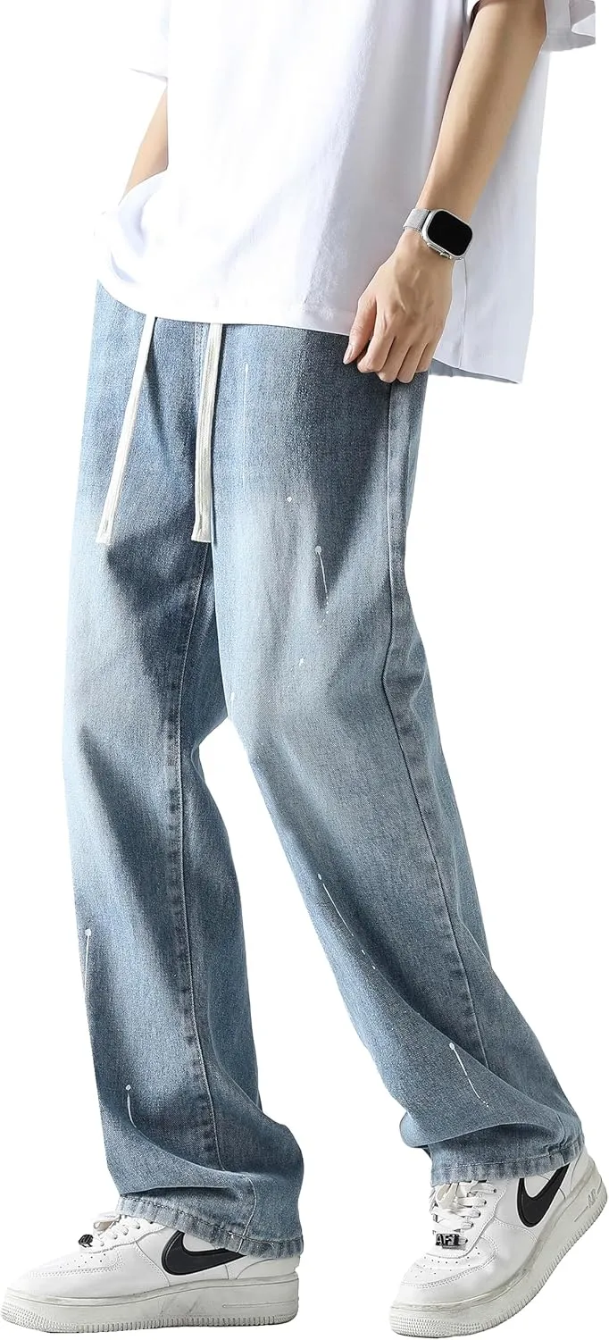 PRIJOUHE Mens Loose Fit Jeans Elastic Waist Wide Leg Baggy Jean Cargo Pants Trousers