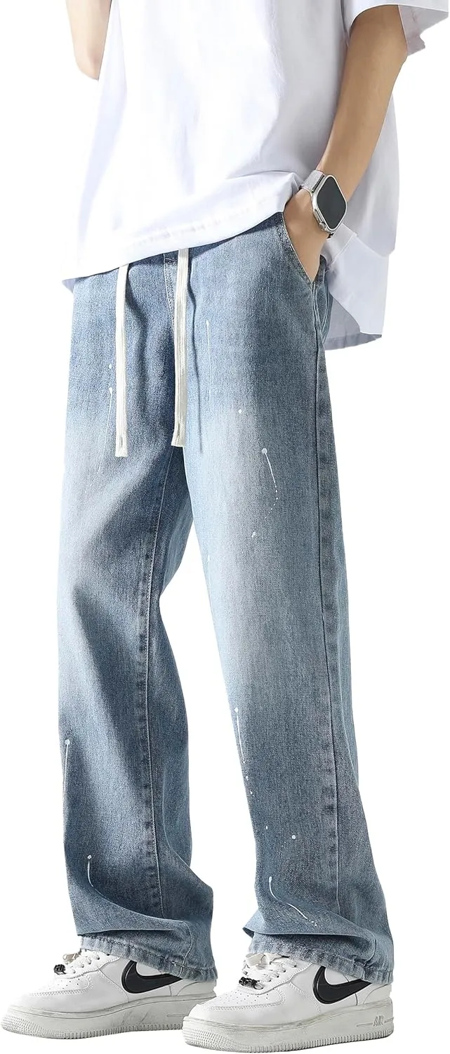 PRIJOUHE Mens Loose Fit Jeans Elastic Waist Wide Leg Baggy Jean Cargo Pants Trousers
