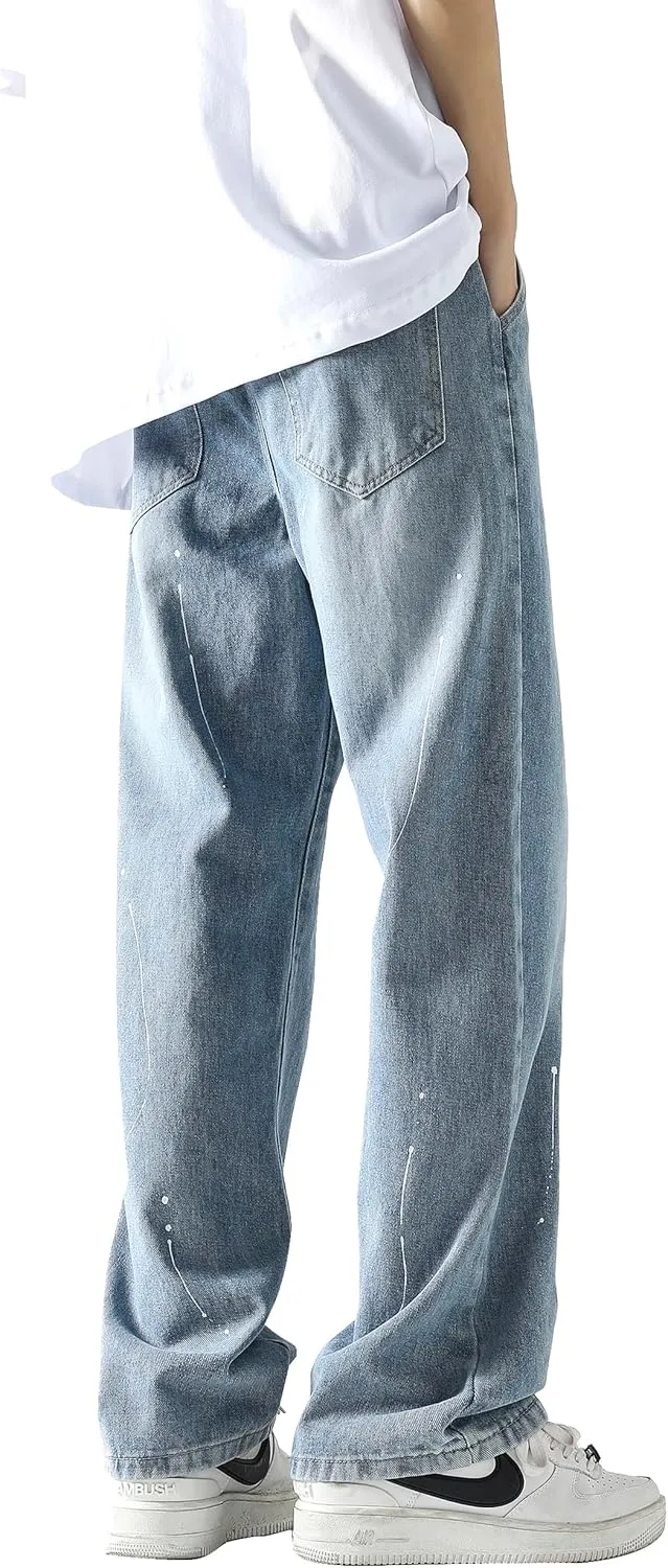 PRIJOUHE Mens Loose Fit Jeans Elastic Waist Wide Leg Baggy Jean Cargo Pants Trousers