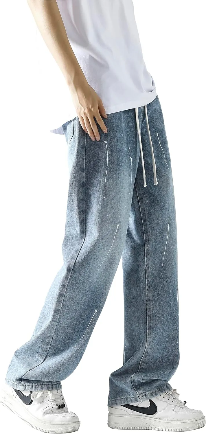 PRIJOUHE Mens Loose Fit Jeans Elastic Waist Wide Leg Baggy Jean Cargo Pants Trousers