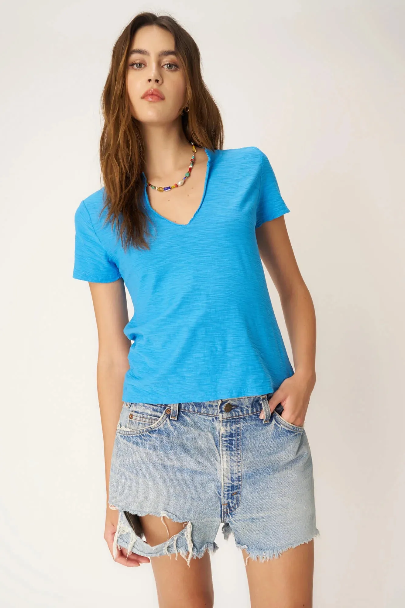 Project Social T Plata Notched V-Neck Tee  Pacific Teal, Blue Lagoon & Persimmon