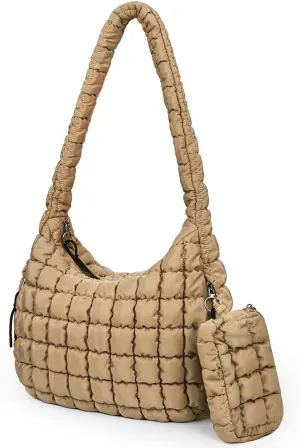 Puffer Tote Bag for Women,Quilted Carryall Bag,Large Hobo Shoulder Puff Purse Quilted Puffy Hobo Handbags(khaki)