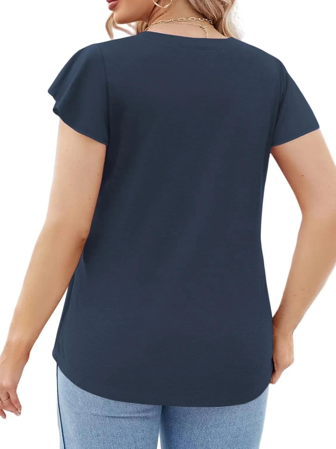 ROSRISS Plus-Size Tops for Women Summer Ruffle Short Sleeve Casual V Neck Tunics