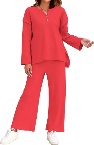 ROYLAMP Womens 2 Piece Outfits Fall Long Sleeve Button Crew Neck Top Long Pant Trendy Matching Sweatsuit Tracksuits