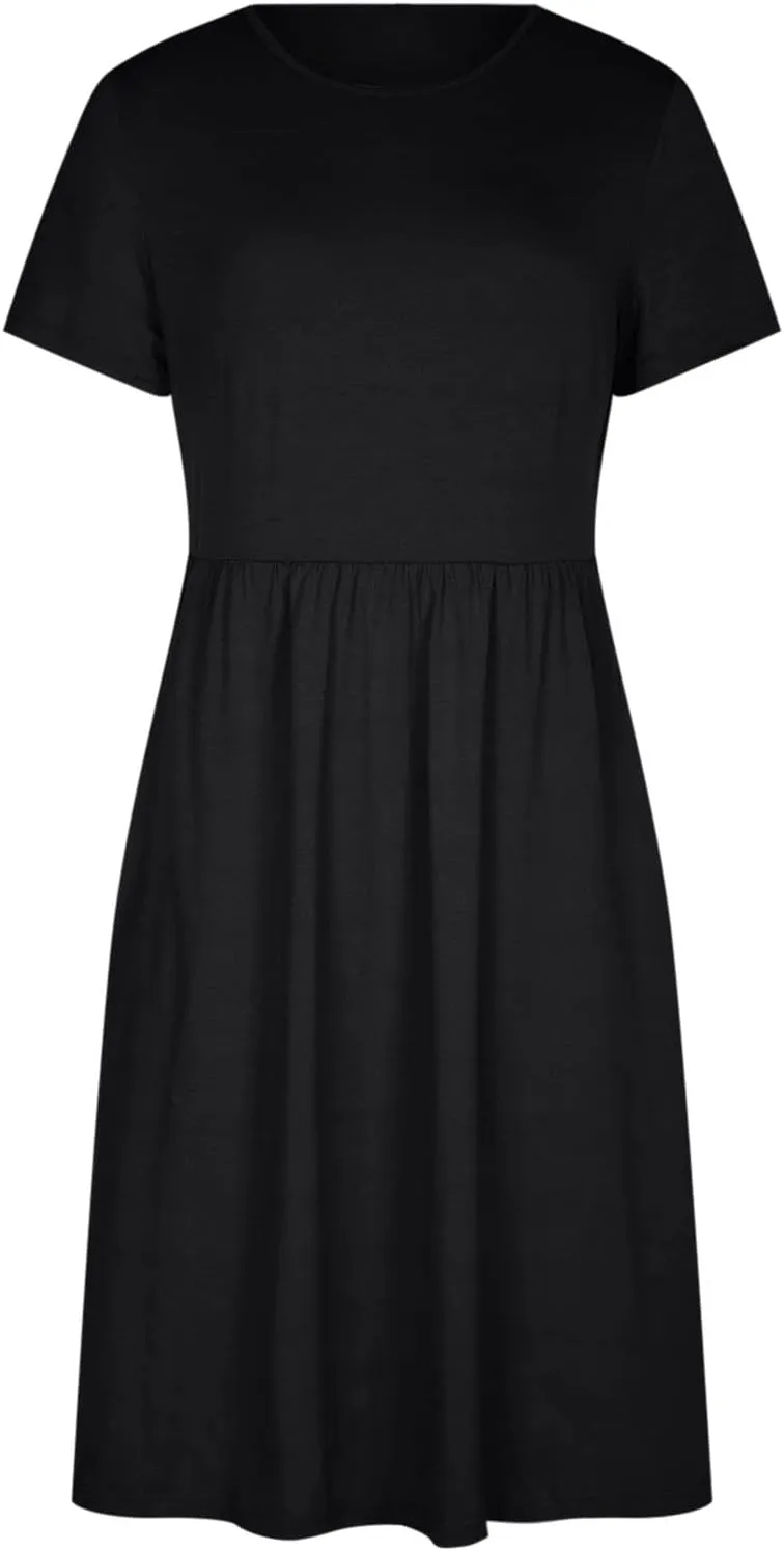 Ruziyoog Women's Casual Plain T-Shirt Dress Summer Dressy Crew Neck Short Sleeve Pleated Dresses Loose Pocket Midi Dress