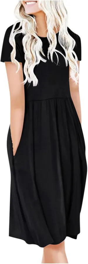 Ruziyoog Women's Casual Plain T-Shirt Dress Summer Dressy Crew Neck Short Sleeve Pleated Dresses Loose Pocket Midi Dress
