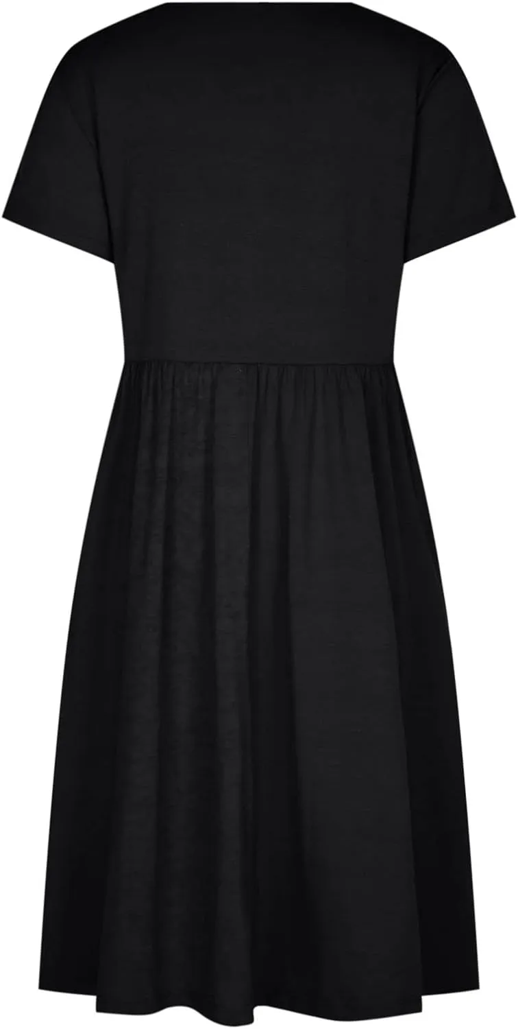 Ruziyoog Women's Casual Plain T-Shirt Dress Summer Dressy Crew Neck Short Sleeve Pleated Dresses Loose Pocket Midi Dress