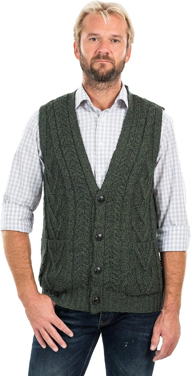 SAOL 100% Merino Wool Mens V Neck Vest Sleeveless Irish Cable Knit Cardigan Sweater with Buttons and Pockets