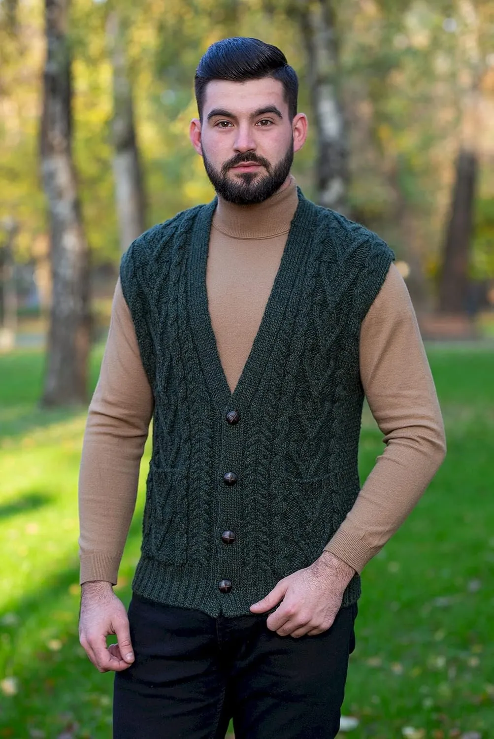 SAOL 100% Merino Wool Mens V Neck Vest Sleeveless Irish Cable Knit Cardigan Sweater with Buttons and Pockets