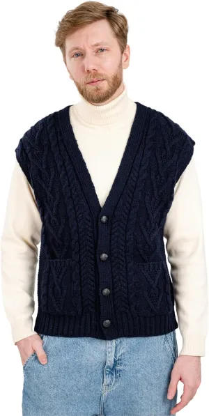 SAOL 100% Merino Wool Mens V Neck Vest Sleeveless Irish Cable Knit Cardigan Sweater with Buttons and Pockets