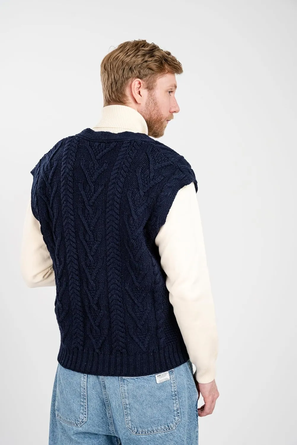 SAOL 100% Merino Wool Mens V Neck Vest Sleeveless Irish Cable Knit Cardigan Sweater with Buttons and Pockets