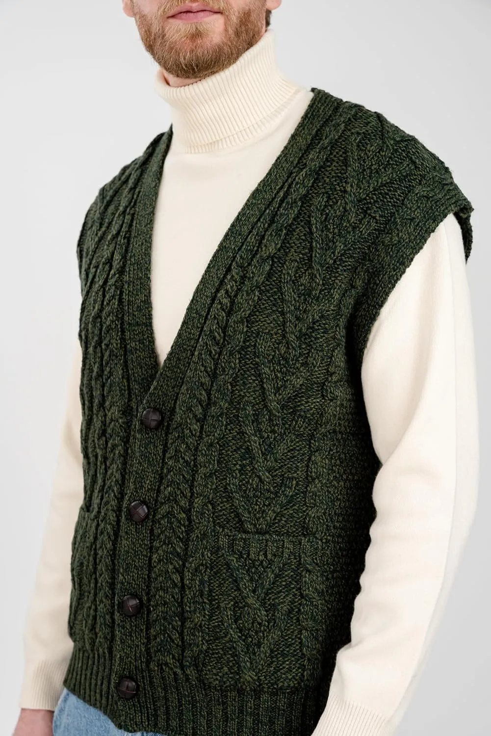 SAOL 100% Merino Wool Mens V Neck Vest Sleeveless Irish Cable Knit Cardigan Sweater with Buttons and Pockets