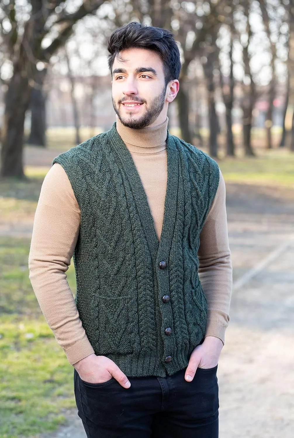 SAOL 100% Merino Wool Mens V Neck Vest Sleeveless Irish Cable Knit Cardigan Sweater with Buttons and Pockets