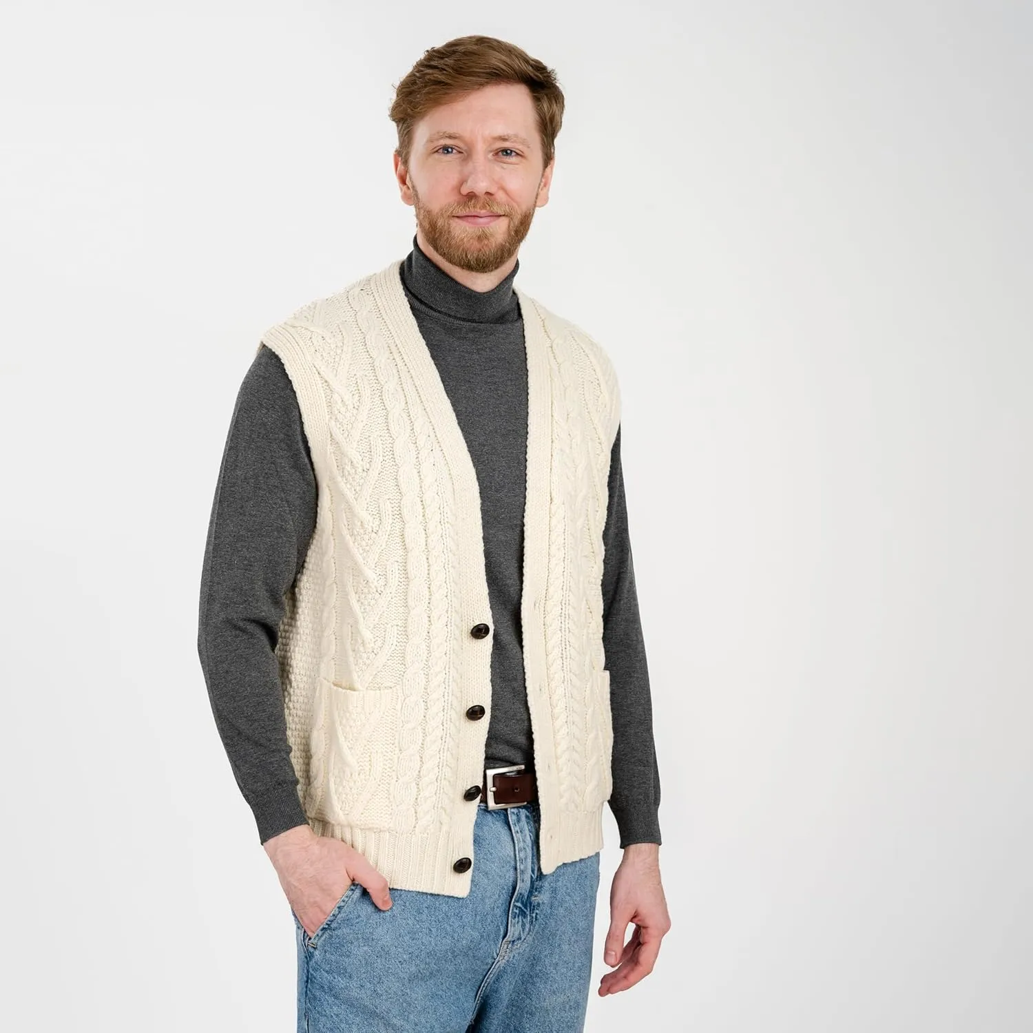 SAOL 100% Merino Wool Mens V Neck Vest Sleeveless Irish Cable Knit Cardigan Sweater with Buttons and Pockets