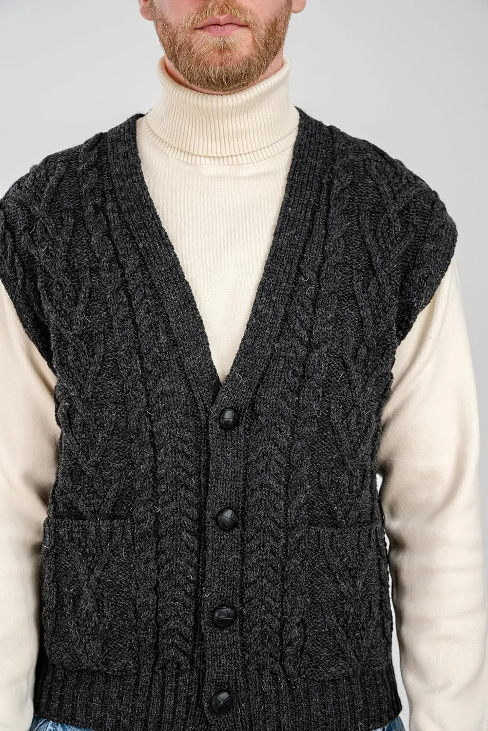 SAOL 100% Merino Wool Mens V Neck Vest Sleeveless Irish Cable Knit Cardigan Sweater with Buttons and Pockets
