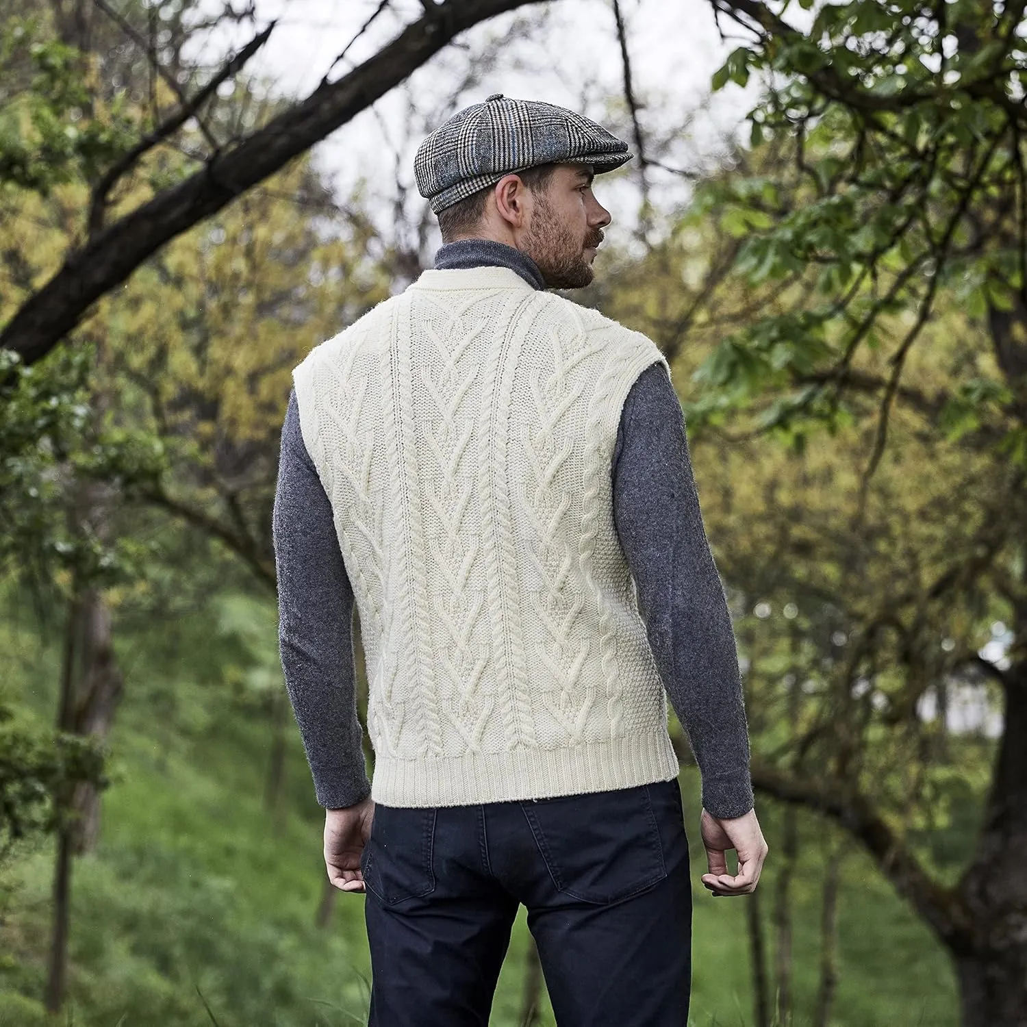SAOL 100% Merino Wool Mens V Neck Vest Sleeveless Irish Cable Knit Cardigan Sweater with Buttons and Pockets