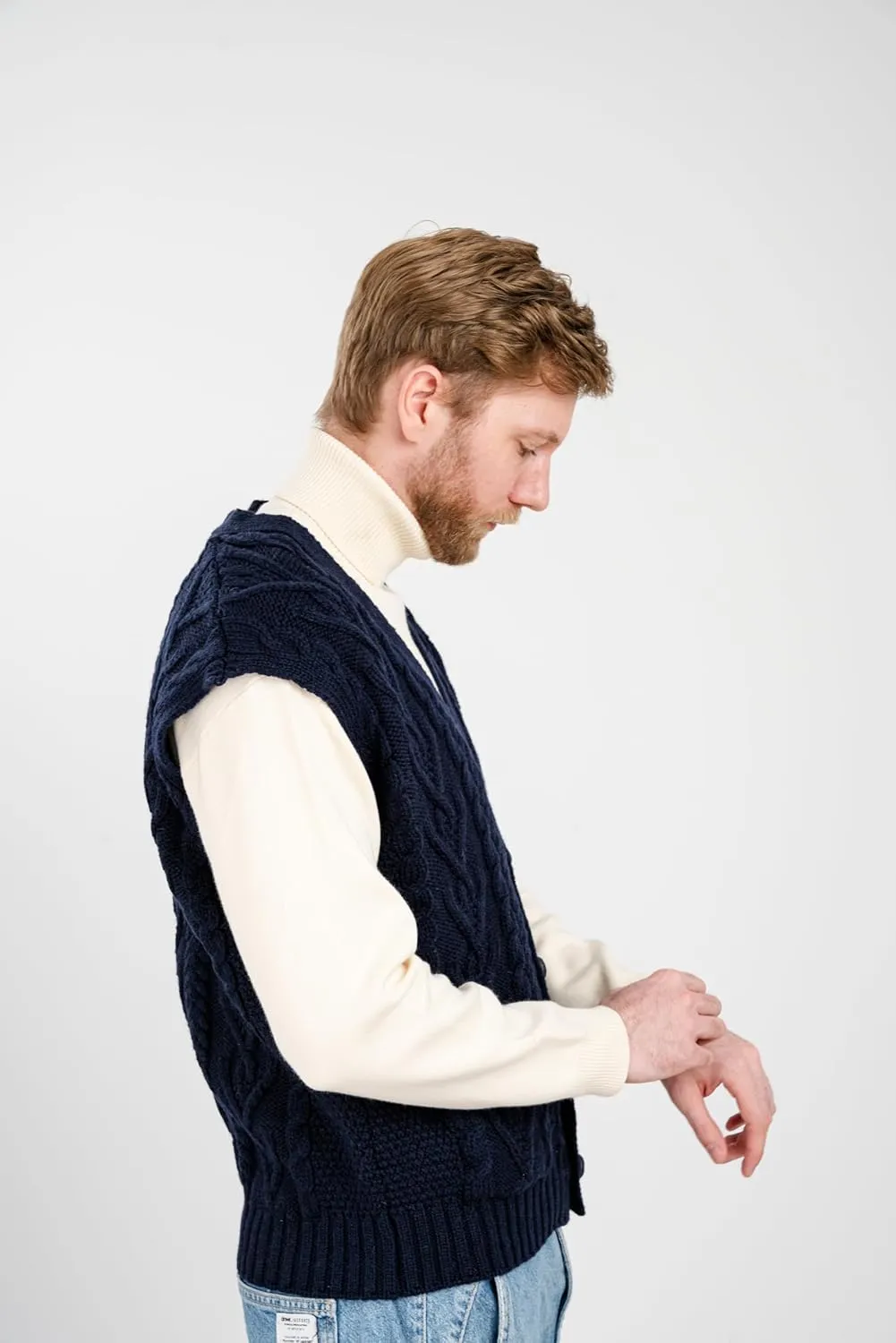 SAOL 100% Merino Wool Mens V Neck Vest Sleeveless Irish Cable Knit Cardigan Sweater with Buttons and Pockets