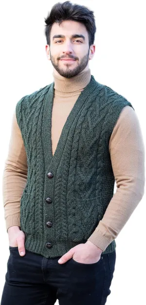 SAOL 100% Merino Wool Mens V Neck Vest Sleeveless Irish Cable Knit Cardigan Sweater with Buttons and Pockets