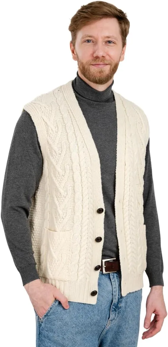 SAOL 100% Merino Wool Mens V Neck Vest Sleeveless Irish Cable Knit Cardigan Sweater with Buttons and Pockets