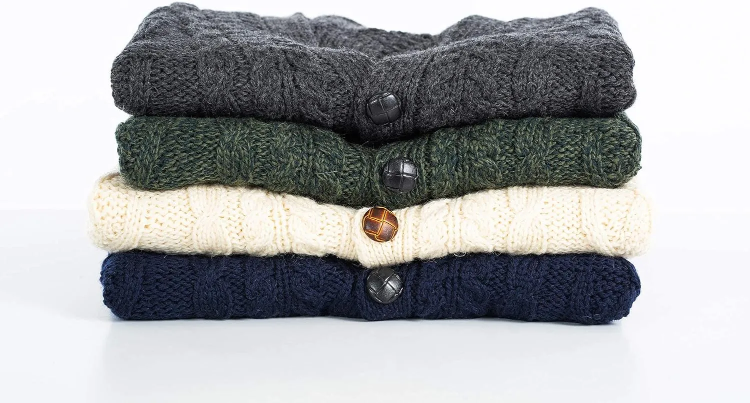 SAOL 100% Merino Wool Mens V Neck Vest Sleeveless Irish Cable Knit Cardigan Sweater with Buttons and Pockets