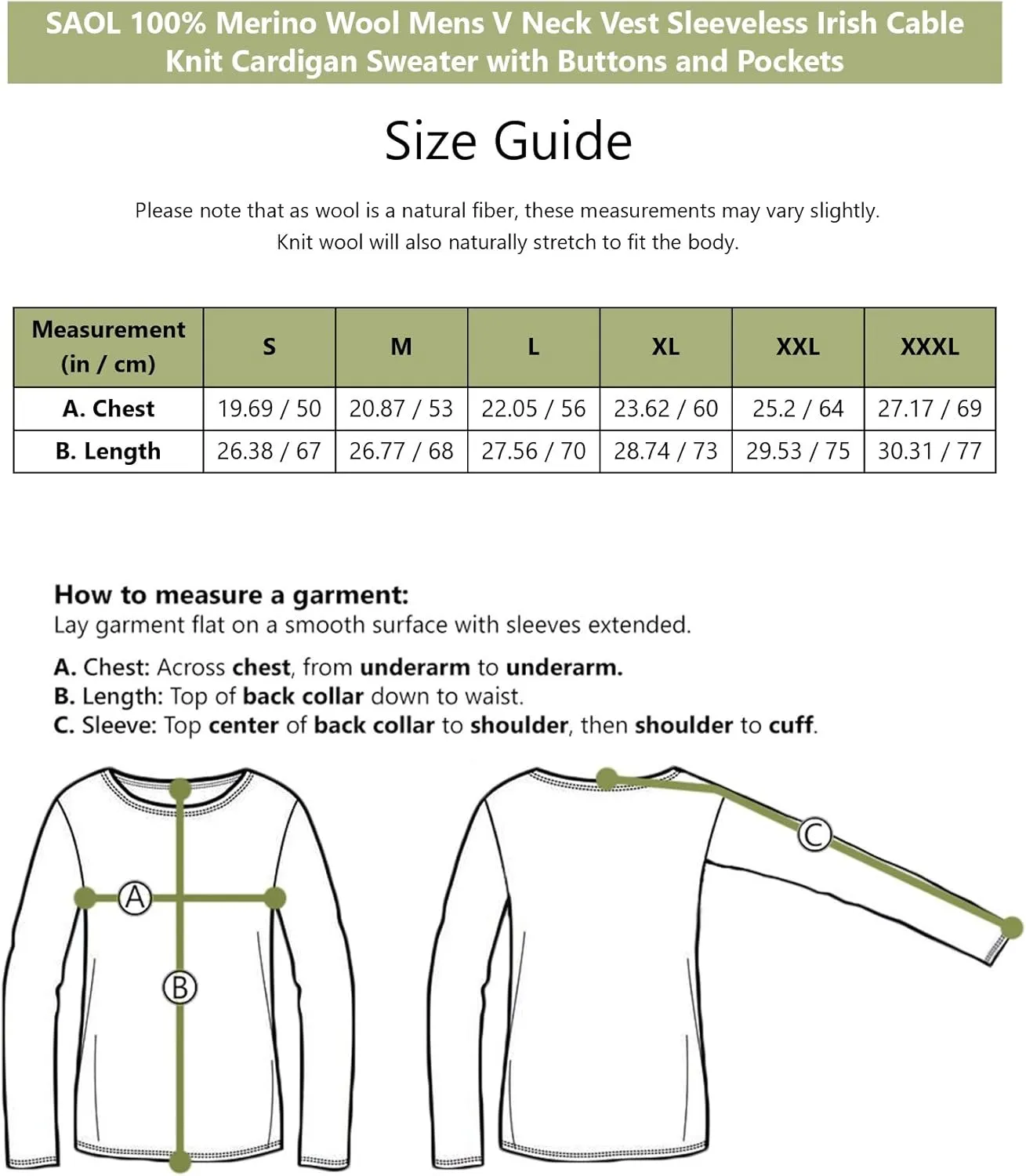 SAOL 100% Merino Wool Mens V Neck Vest Sleeveless Irish Cable Knit Cardigan Sweater with Buttons and Pockets