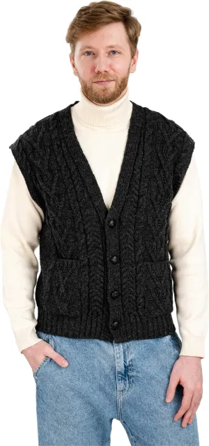SAOL 100% Merino Wool Mens V Neck Vest Sleeveless Irish Cable Knit Cardigan Sweater with Buttons and Pockets