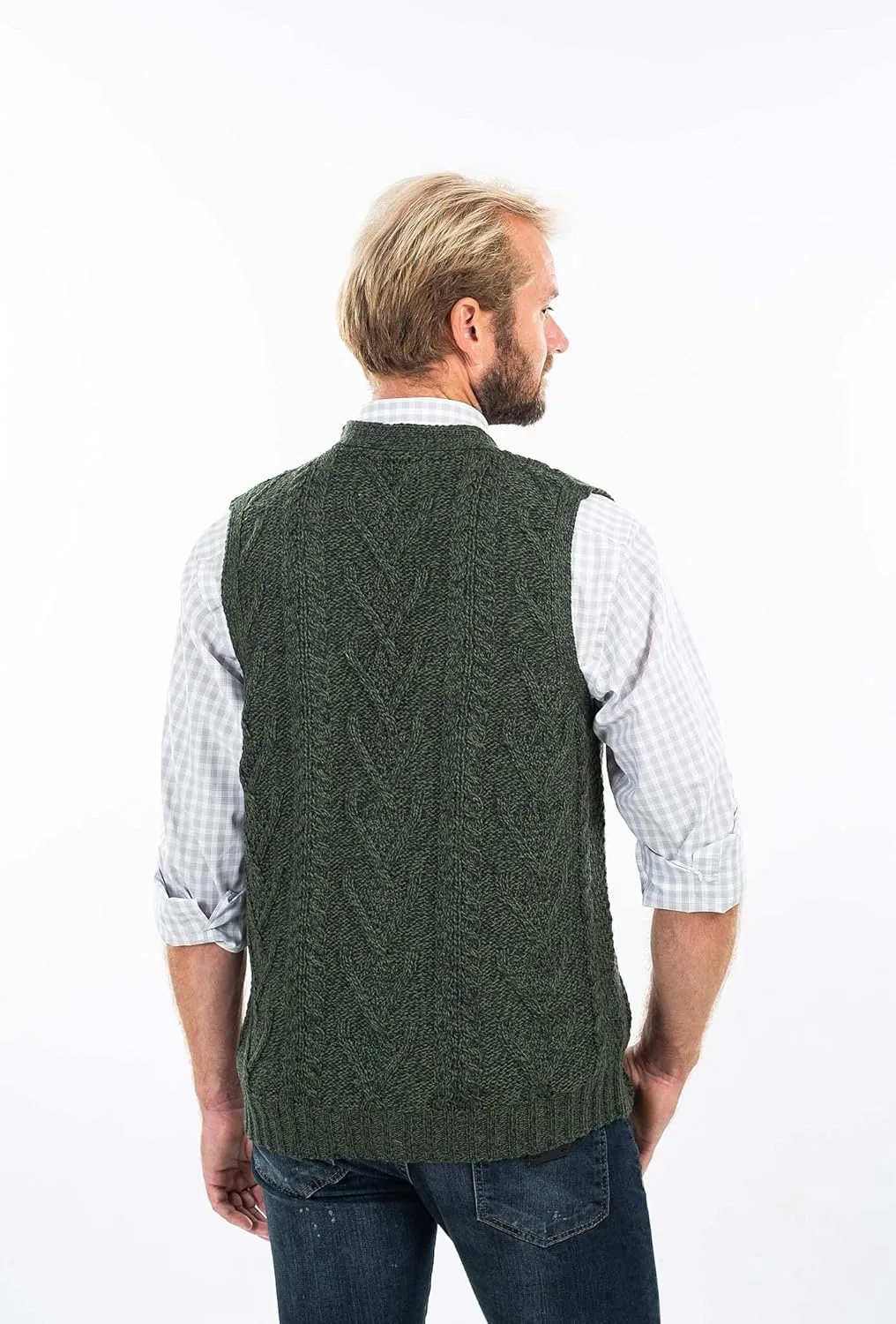 SAOL 100% Merino Wool Mens V Neck Vest Sleeveless Irish Cable Knit Cardigan Sweater with Buttons and Pockets