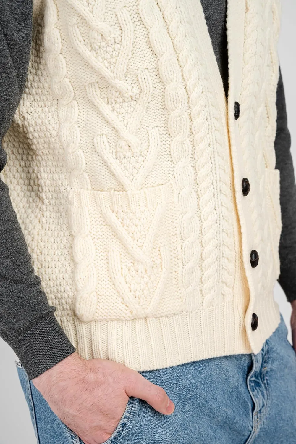 SAOL 100% Merino Wool Mens V Neck Vest Sleeveless Irish Cable Knit Cardigan Sweater with Buttons and Pockets