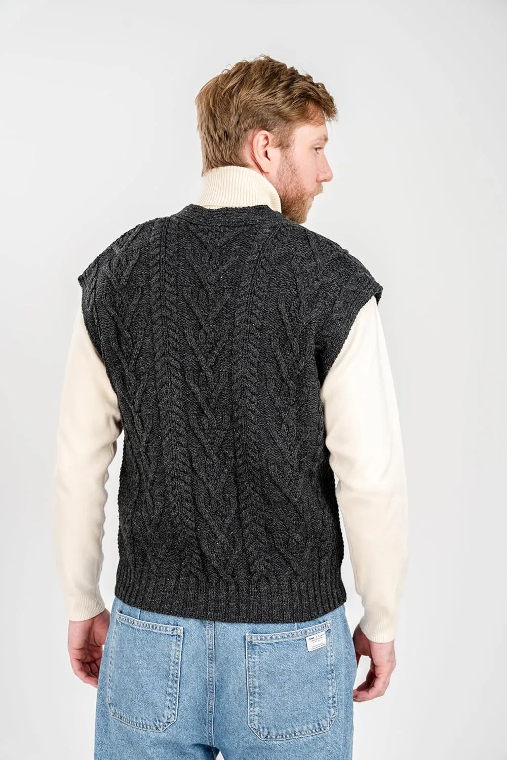 SAOL 100% Merino Wool Mens V Neck Vest Sleeveless Irish Cable Knit Cardigan Sweater with Buttons and Pockets