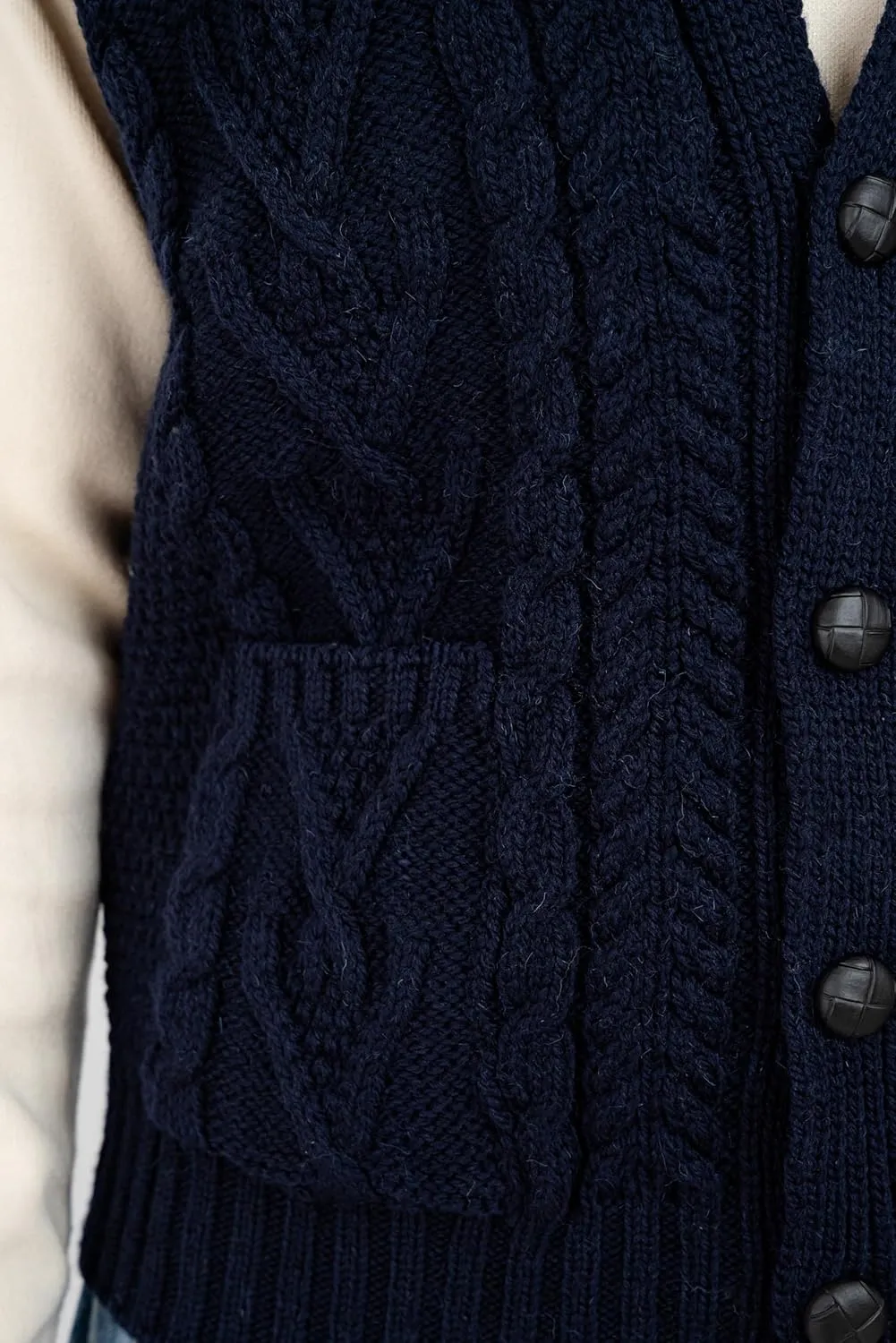 SAOL 100% Merino Wool Mens V Neck Vest Sleeveless Irish Cable Knit Cardigan Sweater with Buttons and Pockets