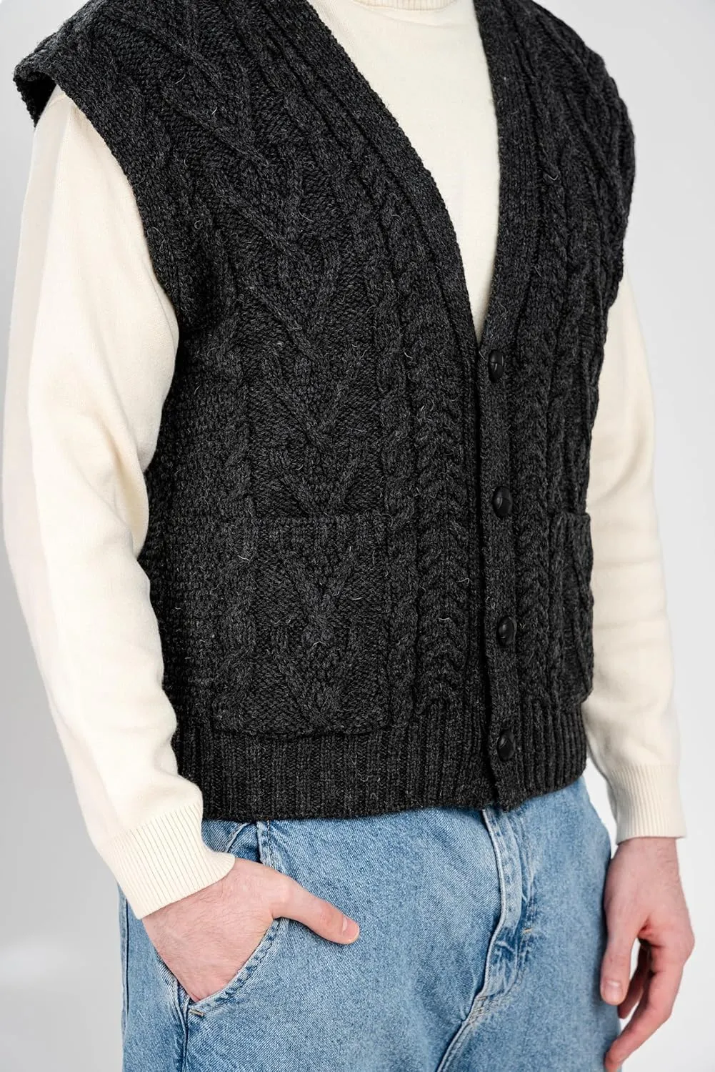 SAOL 100% Merino Wool Mens V Neck Vest Sleeveless Irish Cable Knit Cardigan Sweater with Buttons and Pockets