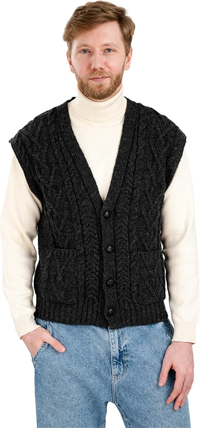 SAOL 100% Merino Wool Mens V Neck Vest Sleeveless Irish Cable Knit Cardigan Sweater with Buttons and Pockets