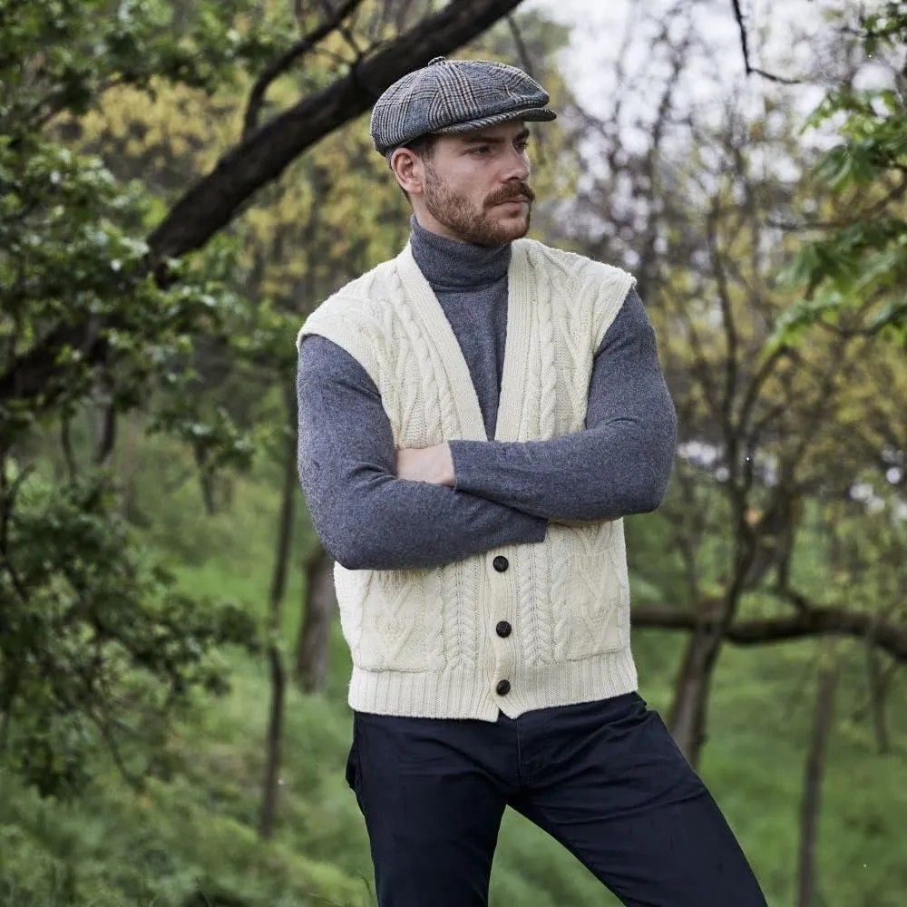 SAOL 100% Merino Wool Mens V Neck Vest Sleeveless Irish Cable Knit Cardigan Sweater with Buttons and Pockets