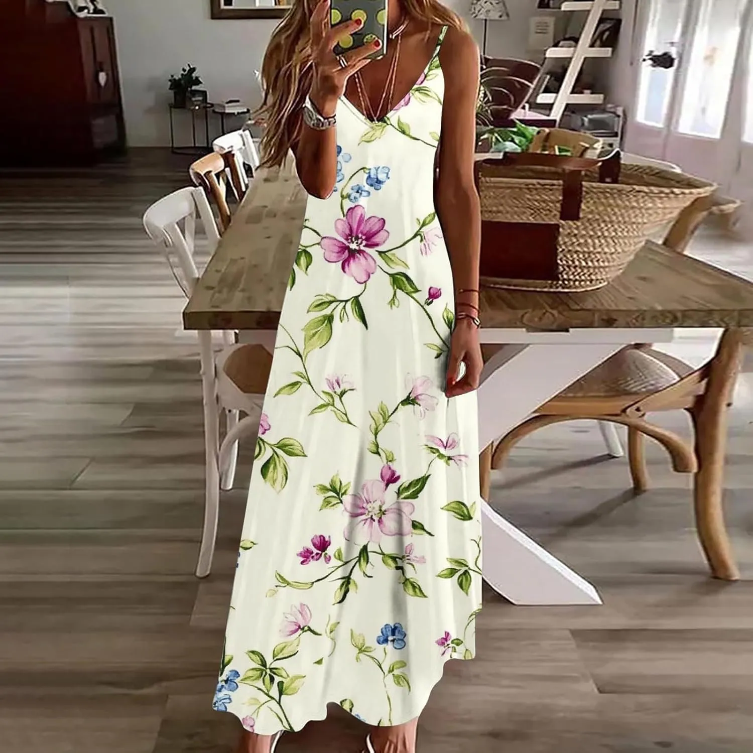 Sexy Dresses for Women V-Neck Spaghetti Strap Sleeveless Boho Sundress Summer Ruched Maxi Wedding Guest Dress